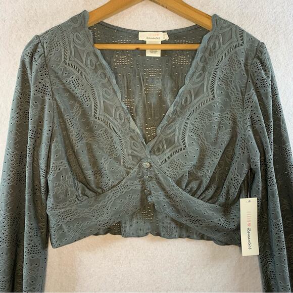 Urban Romantics Womens Milkmaid Crop Top Sz L Gray Coquette‎ Boho Eyelet Lace - Picture 2 of 13
